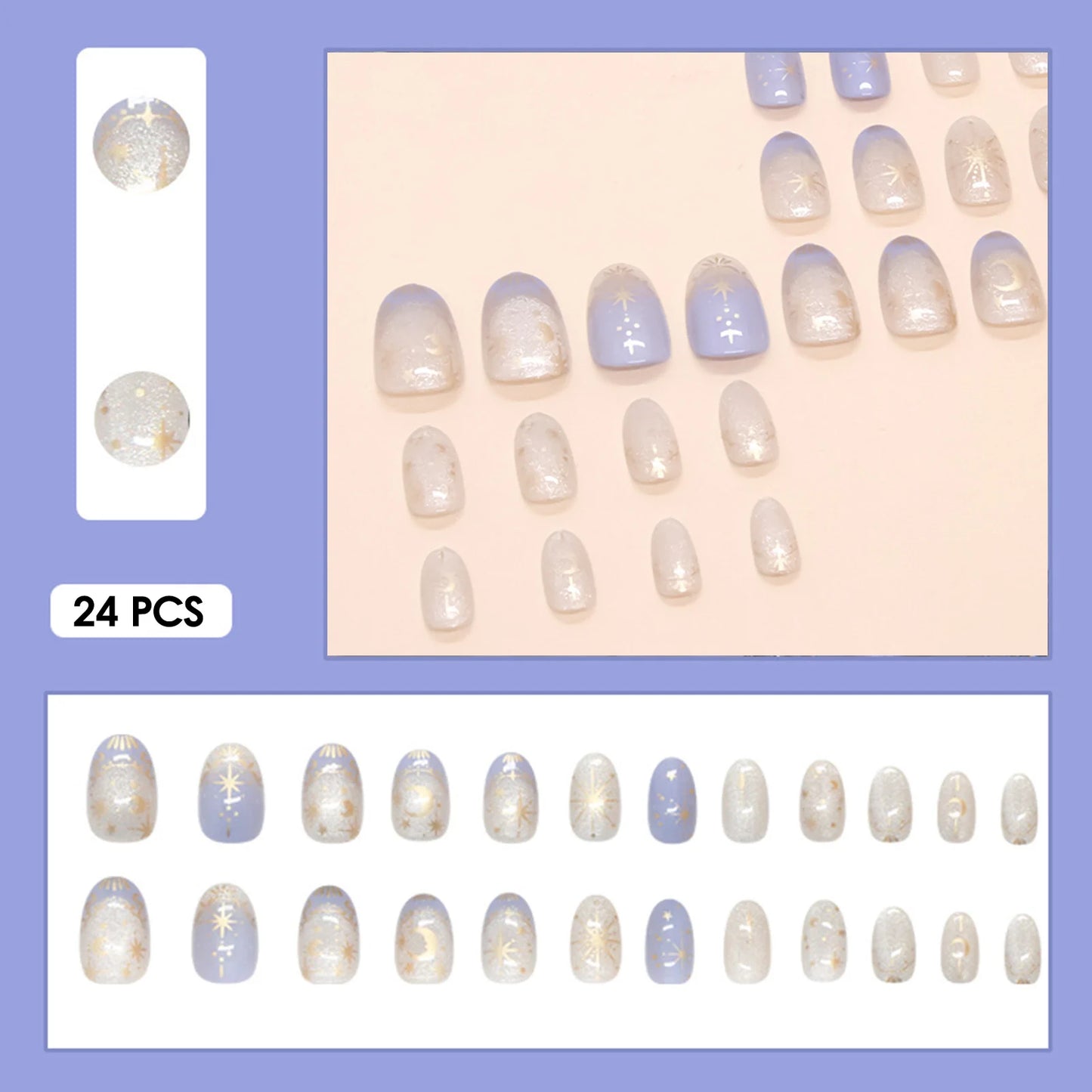 24PCS Blue Cat Eye False Nails Short Round Cute Press on Nails Wearable Full Cover Ins Flowers Pattern Fake Nail Tips for Girls Peaceful Pleasures Health and Wellness Z2