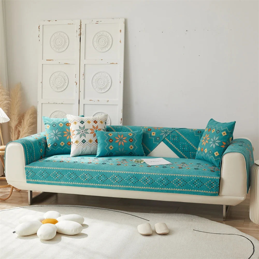 Boho Chenille Couch Sofa Covers Geometric Decor for Sofa Seater Non Slip Sectional l Shaped Furniture Protector for Home Room Peaceful Pleasures Health and Wellness Green 1pc 70x180CM