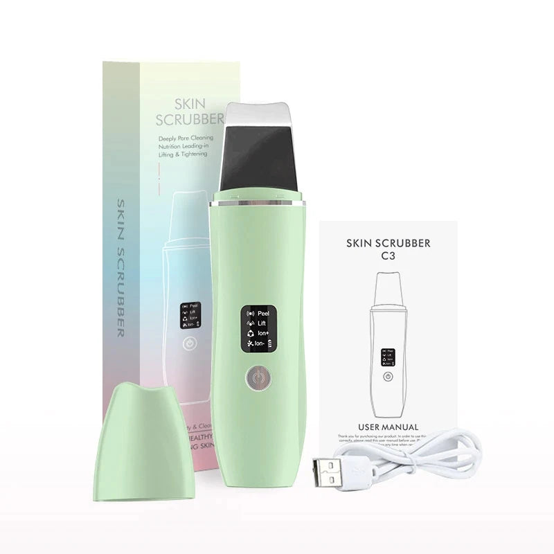Ultrasonic Skin Scrubber Electric Facial Cleansing Pore Deep Cleanser Acne Blackhead Remover Peeling Shovel Lifting Skin Care Peaceful Pleasures Health and Wellness light green