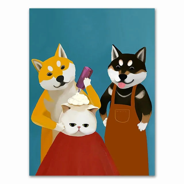 Wall Art Mural Modern Cartoon Cat And Dog Haircut Humor Poster Canvas Painting Hand-Painted Picture Printing Home Room Decor Peaceful Pleasures Health and Wellness 18 40x60cm Unframed