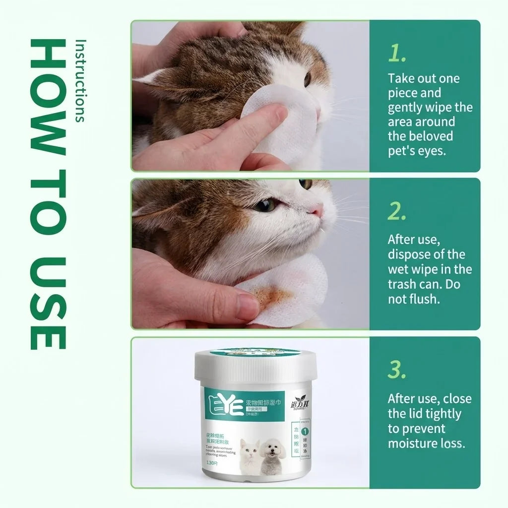 Hypoallergenic Pet Eye Wipes for Dogs & Cats – 130 Pack