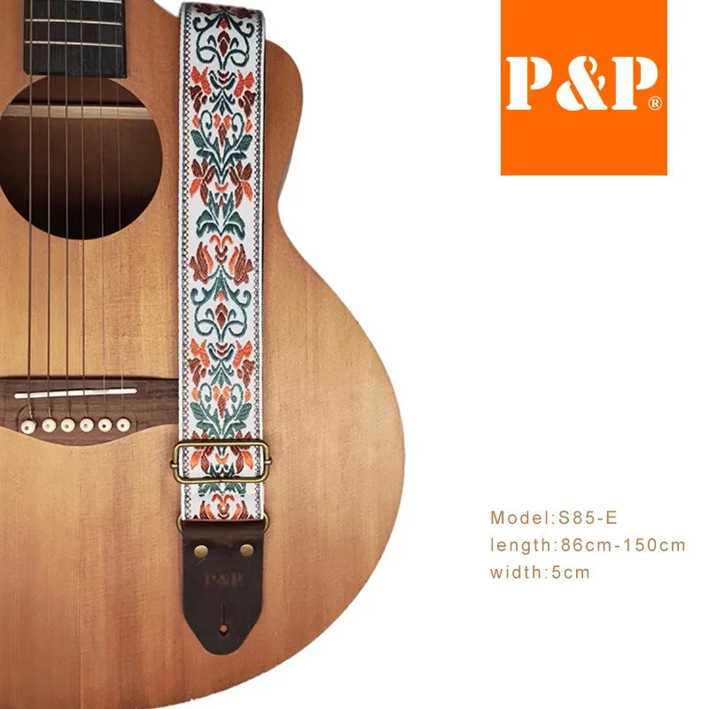 PP Guitar Strap S85 Series Ethnic Jacquard Embroidery Leather Brown