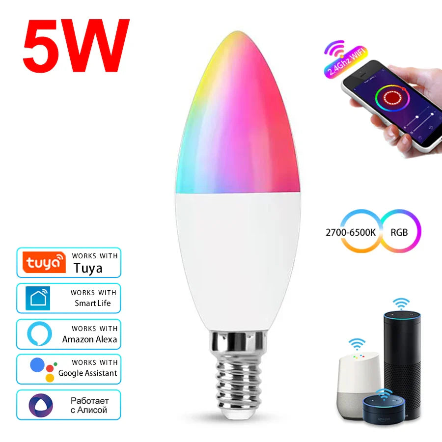 Tuya Smart E14 WiFi LED Candle Bulb – RGB, Alexa & Google Home