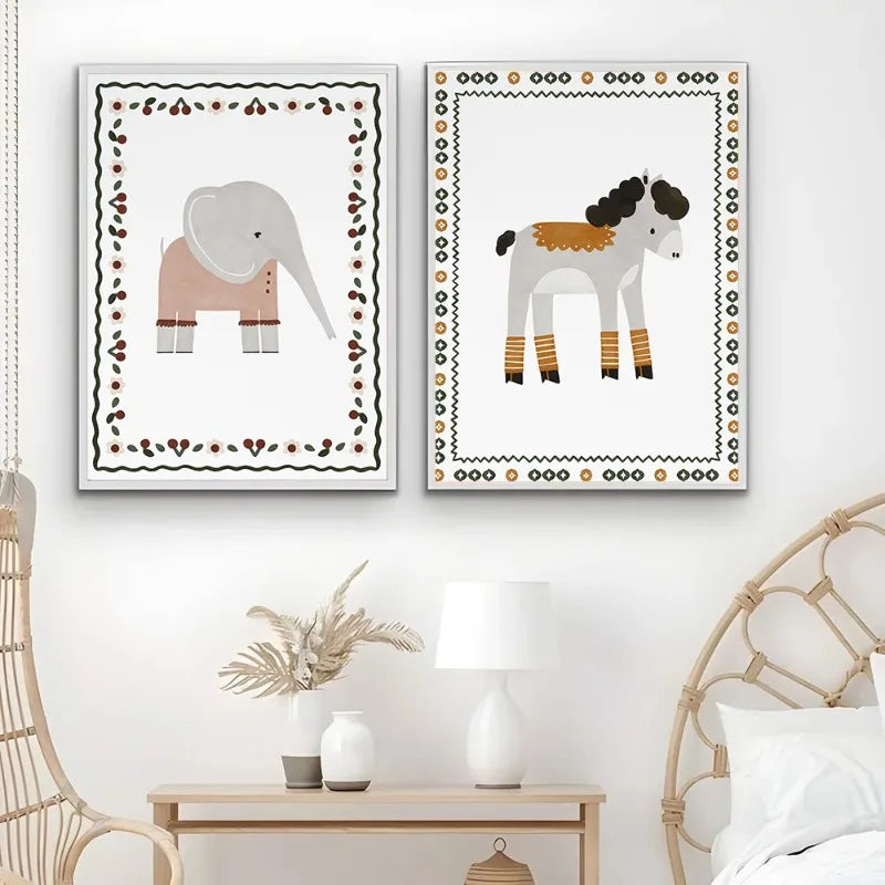 Boho Nursery Canvas Wall Art | Cute Animals Kids Room Decor