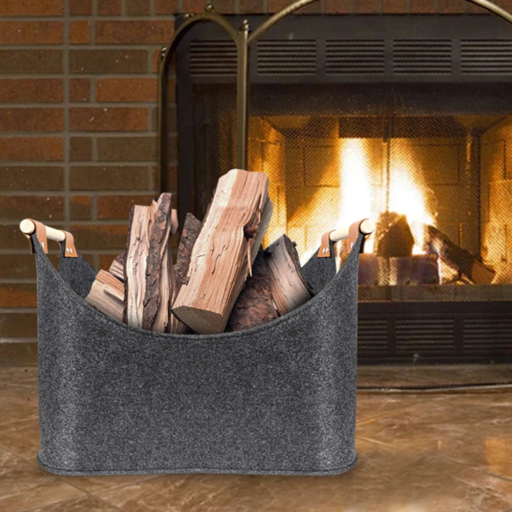 Foldable Felt Basket with Wooden Handles – 57L Firewood Storage