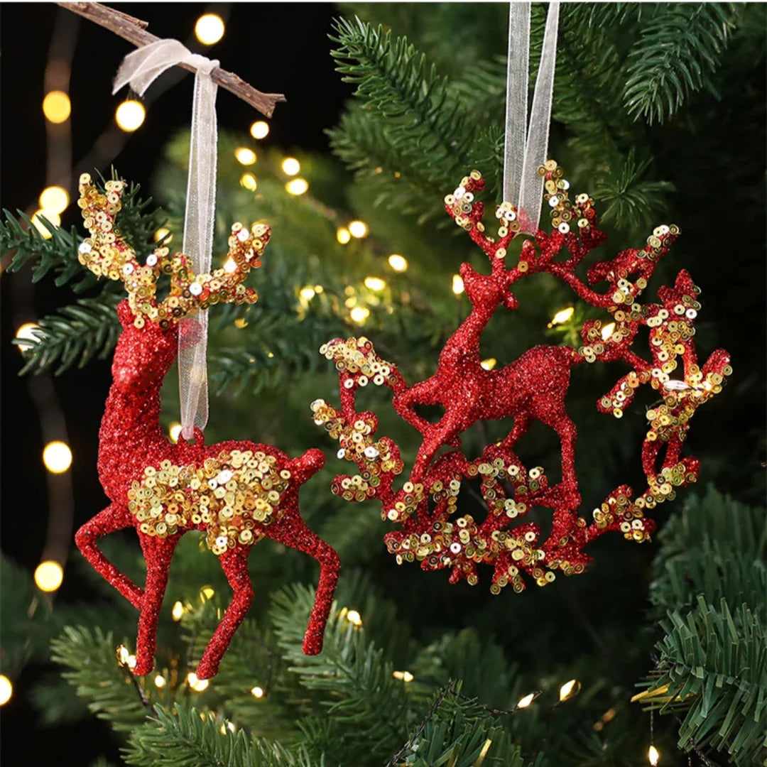 Red Glitter Christmas Tree Pendant – Gold Sequins & Snowflake