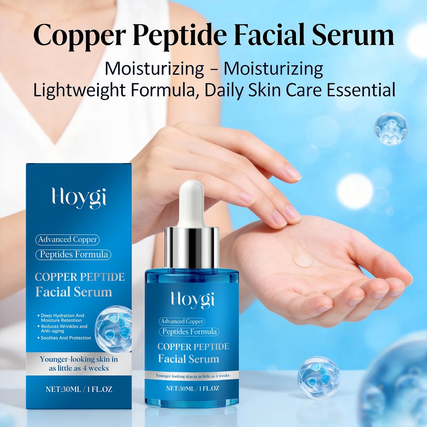 Hoygi Copper Peptide Facial Serum 30ml Firming Lifting Fade Fine Lines Moisturizing Hydration Smoothing Skin Care Essence Peaceful Pleasures Health and Wellness