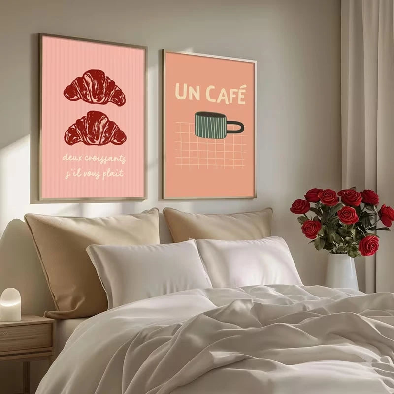 2-Piece Croissant Breakfast Canvas Wall Art Print Set | Home Decor