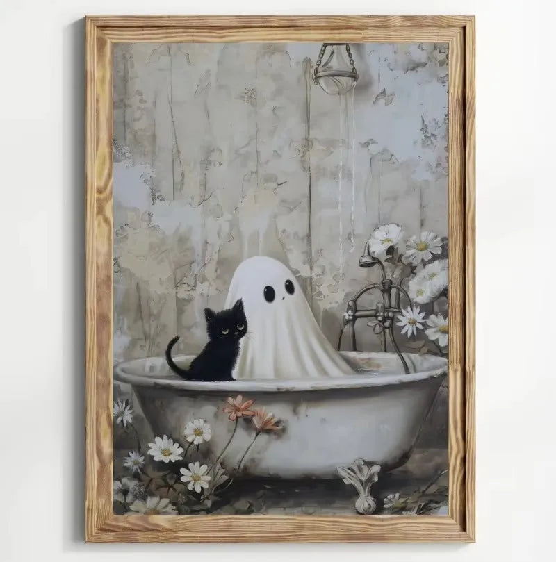 Retro Ghost & Black Cat Halloween Canvas Wall Art Poster Canvas Wall Art Print Peaceful Pleasures Health and Wellness ZLH5316 40x60cm No Frame