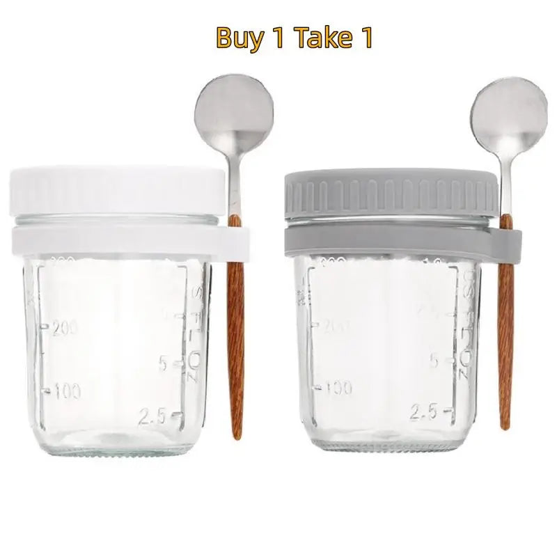 350ml Glass Overnight Oats Jar with Lid & Spoon | 1 or 2 Pack Glass Food Storage Jar Peaceful Pleasures Health and Wellness 2PCS white gray