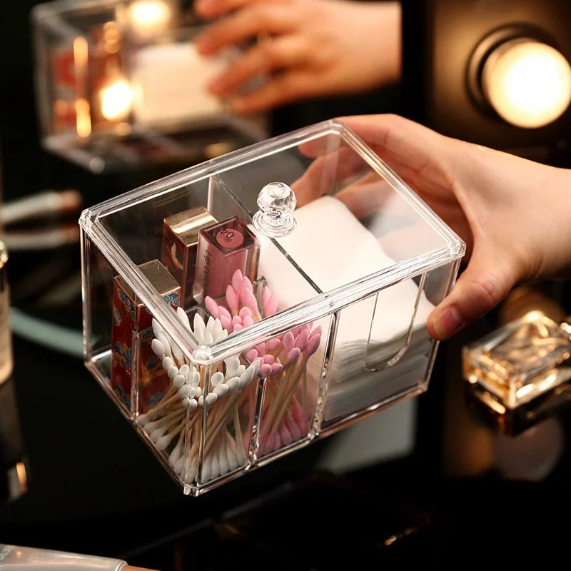 Clear Acrylic Cotton Swab & Makeup Pad Holder Organizer with Lid