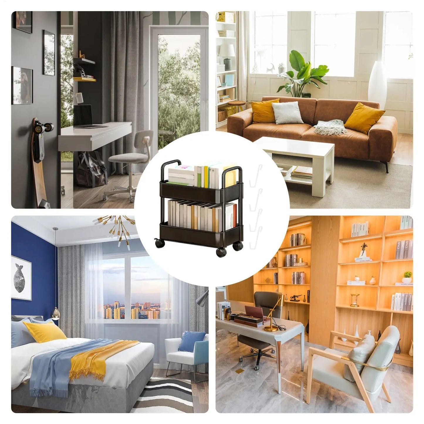 2-Tier Movable Bookshelf Cart with Wheels Multi-Purpose Storage Rack for Books Toys Snacks Household Mobile Organizer Peaceful Pleasures Health and Wellness