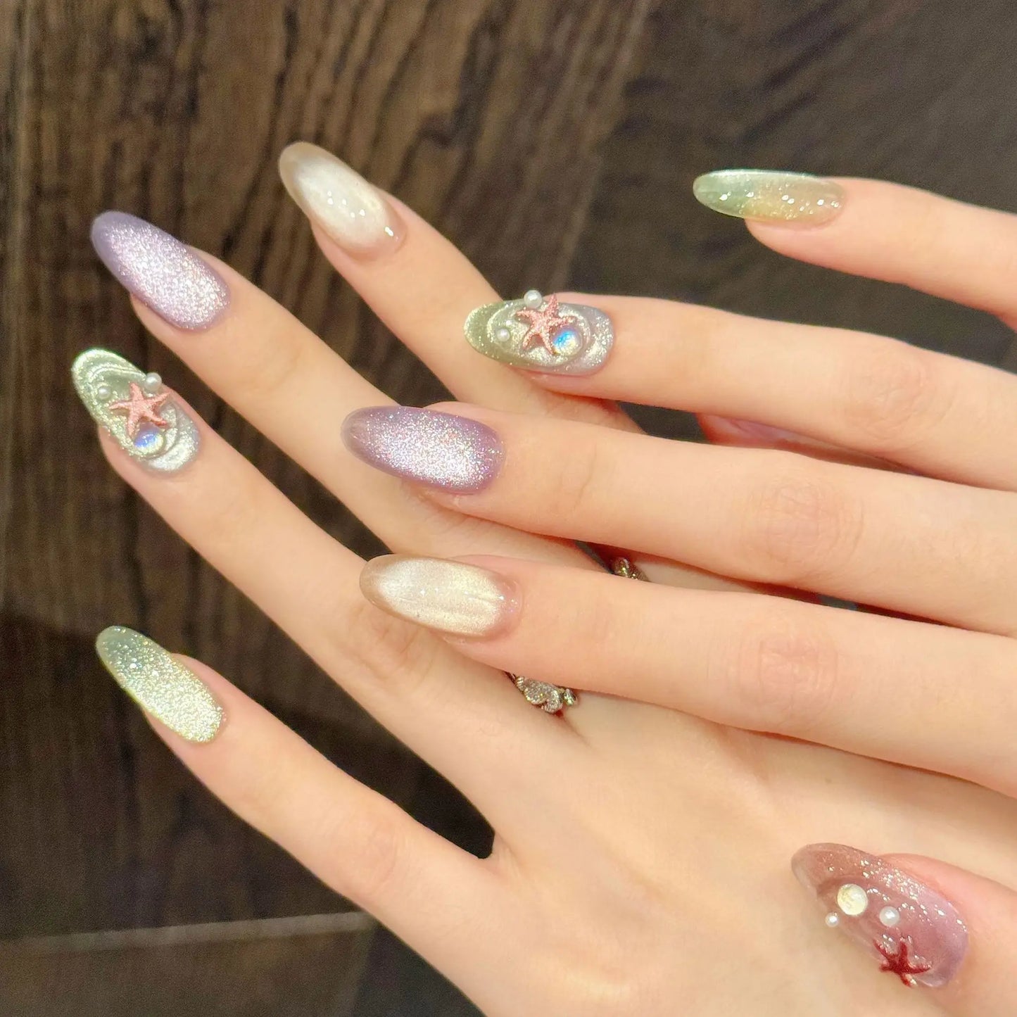 10pcs Handmade Press on Nails Shiny Cat Eye Fake Nail Tips with Starfish Wearable Full Cover Summer Ocean Beach False Nails Peaceful Pleasures Health and Wellness M