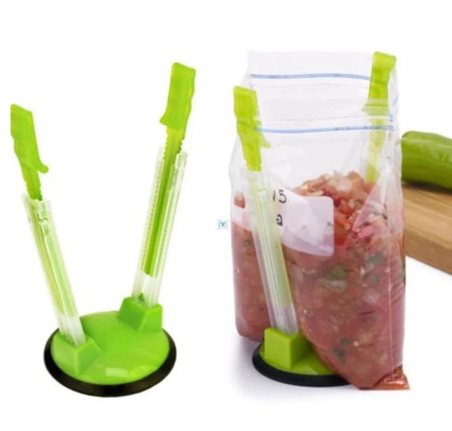 Household food storage bag holder, packaging bag opener, support stand Peaceful Pleasures Health and Wellness