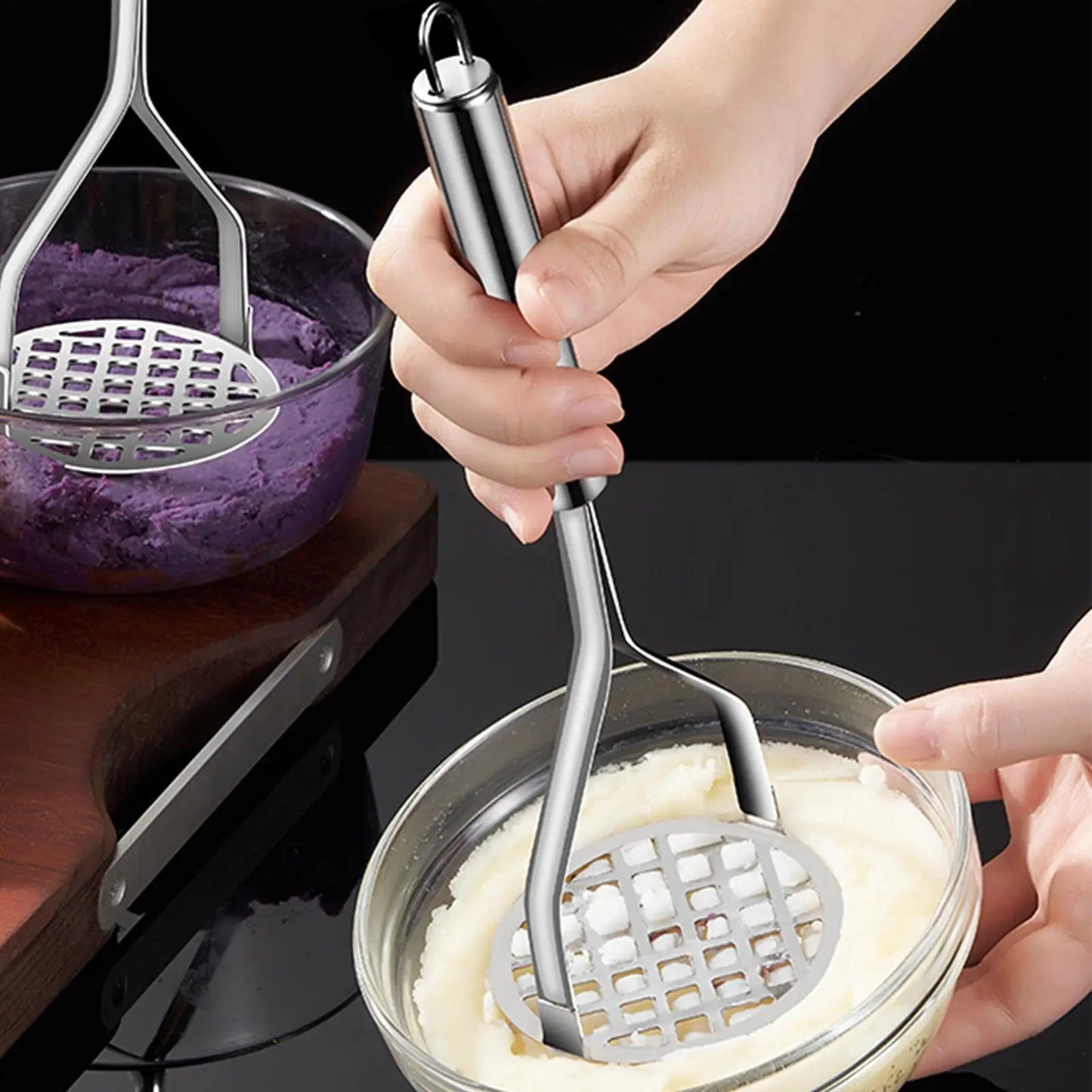 Potato Masher Press Ricer Potato Puree Maker Stainless Steel Potatoes Crusher Pusher Fruit Tools Kitchen Gadget Peaceful Pleasures Health and Wellness