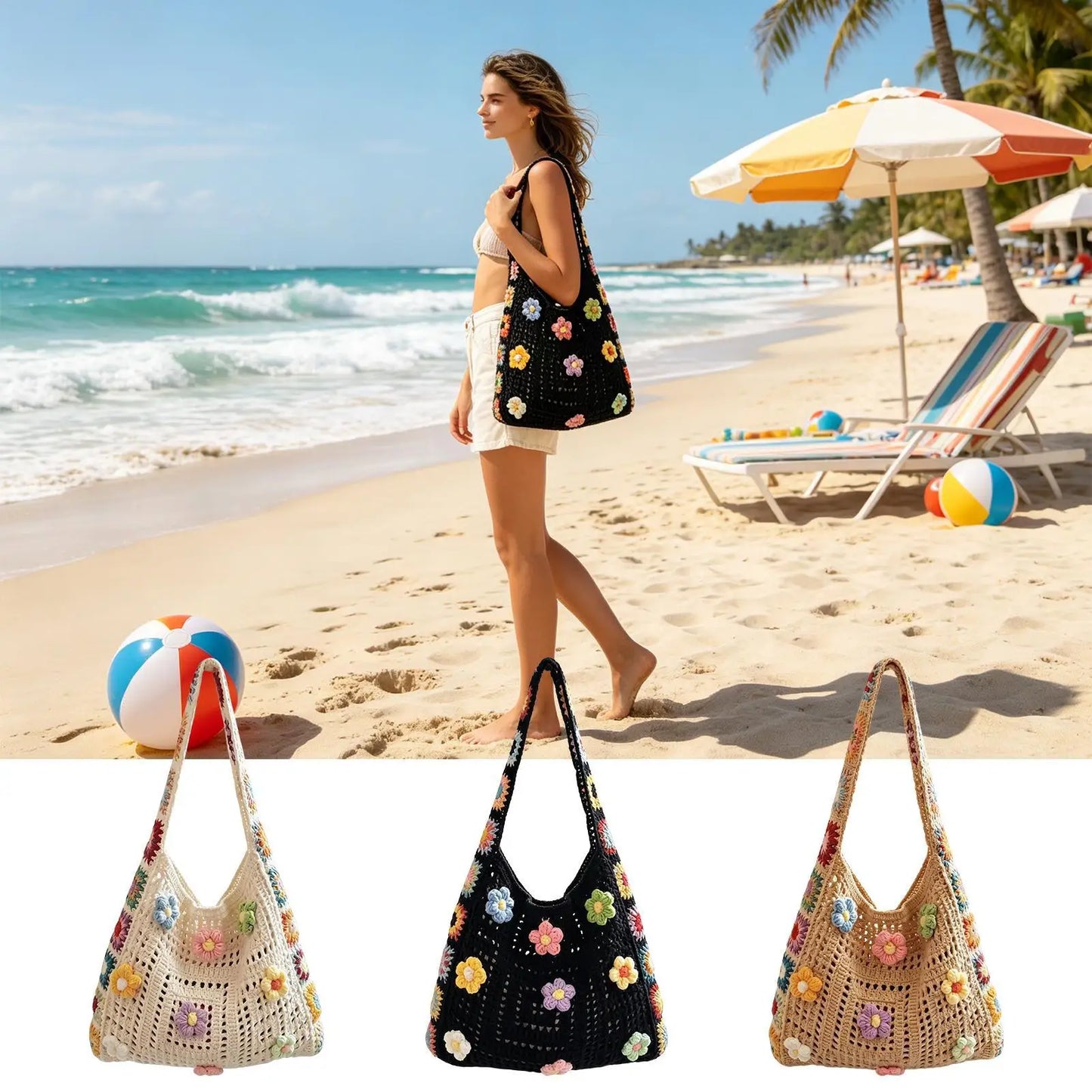 Handmade Crochet Bag For Women Girls, Floral Knit Beach Tote Summer Handbag For Travel Vacation Music Festival Dating Peaceful Pleasures Health and Wellness