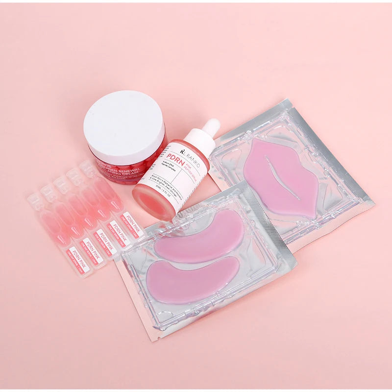PDRN Pink Skin Care Set with Toner Serum Cream and Masks Hydrating Smoothing Daily Facial Care Kit for Moisturized Plump Skin Peaceful Pleasures Health and Wellness