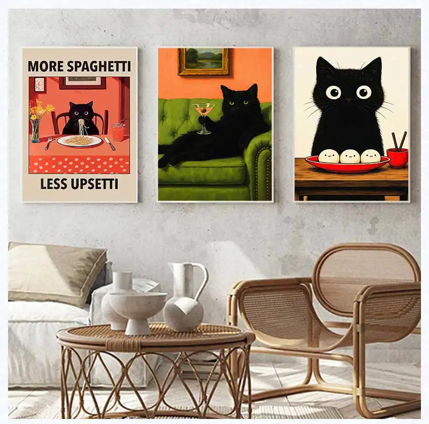 Cat with Cocktail Smoking Poster Canvas Painting Print Wall Art for Living Room Home Decor More Spaghetti, Less Upsetti Black Peaceful Pleasures Health and Wellness