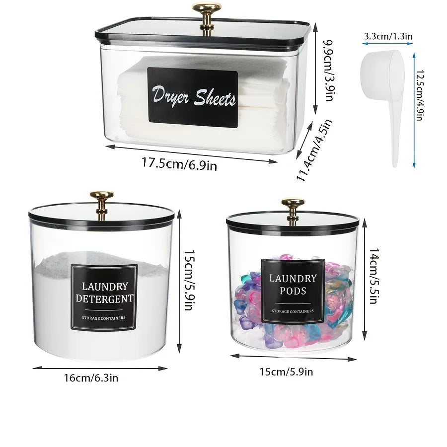 Laundry Pods Container & Dryer Sheet Holder – Storage Jars with Lids, Labels & Scoops for Laundry Room