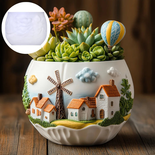 Windmill Town Silicone Mold – Resin Succulent Pot & Storage Box Resin Silicone Mold Peaceful Pleasures Health and Wellness