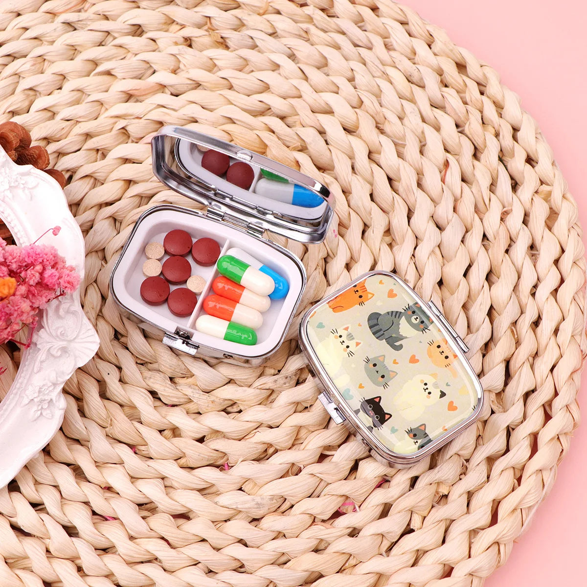 Black Cat Pill Boxes Cartoon Animal Sealed Subpackage Case Portable Travel Jewelry Box Mini Organizer Storage Medicine Case Peaceful Pleasures Health and Wellness
