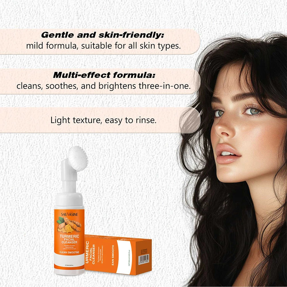 Turmeric Cleanser Moisturize Facial Brightening Skin Tone Daily Face Wash Foam with Brush Skin Care Clean Lemon Fruit Extract Peaceful Pleasures Health and Wellness