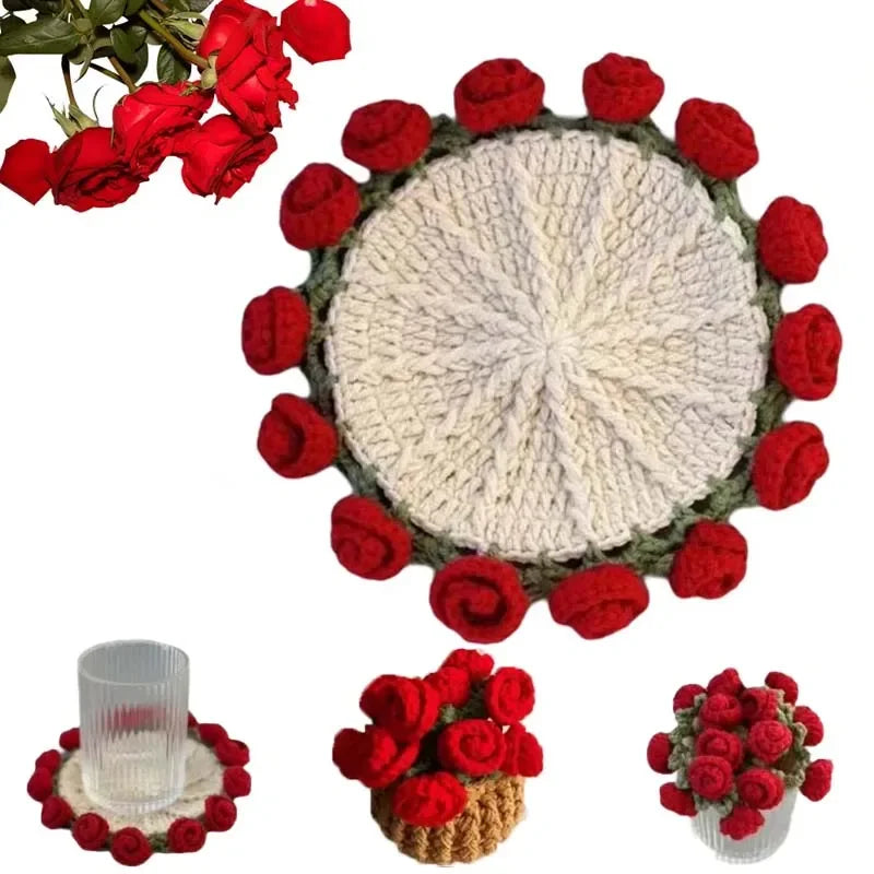 Hand Crochet Rose Flower Coasters | Heat Resistant Wool Mat Set