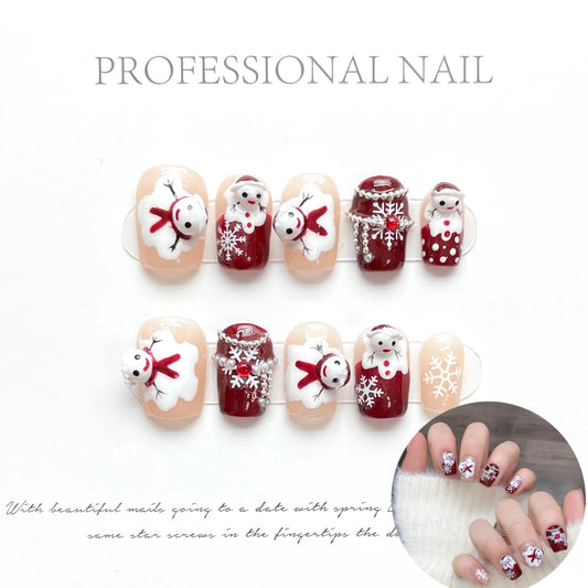 Handmade Press on Nails Cute Snowman Snowflake Chain Wearing Fake Nails Short Round False Nails 2025 New Year Gifts Peaceful Pleasures Health and Wellness S