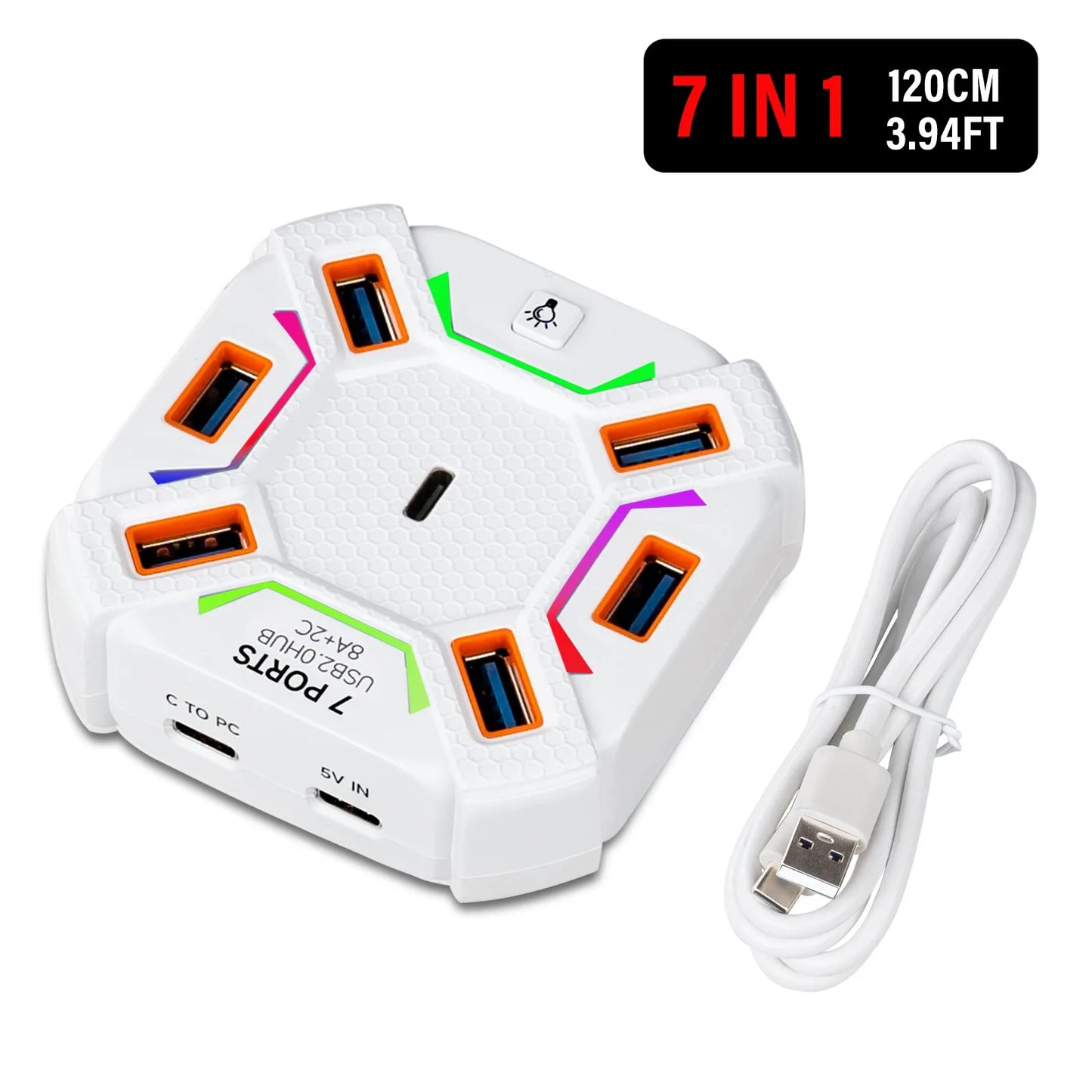 USB 2.0 Hub 7/10 Port High Speed Multi-Port Splitter with Individual LED Switches, Plug and Play for PC Mouse Keyboard USB Peaceful Pleasures Health and Wellness 7 Ports White 1.2m