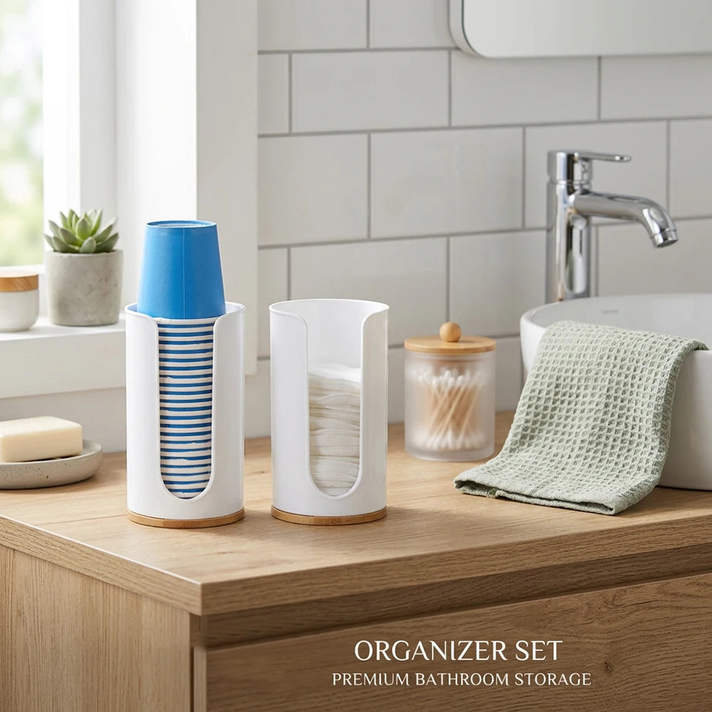 Bathroom Cup Dispenser & Cotton Pad Holder – 1 or 2 Pack Round PS Plastic Guest Bathroom Organizer