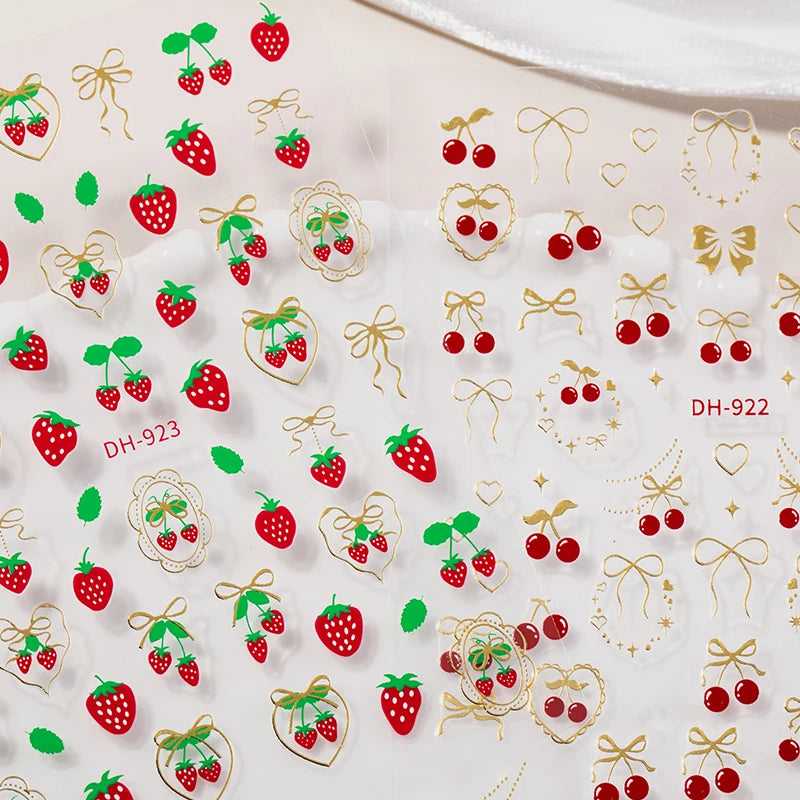 Fresh Sweet Fruits Strawberry Cherry Bowknot Love Heart Bow 5D Nail Art Stickers Self Adhesive Decorations Nail Manicure Decal Peaceful Pleasures Health and Wellness