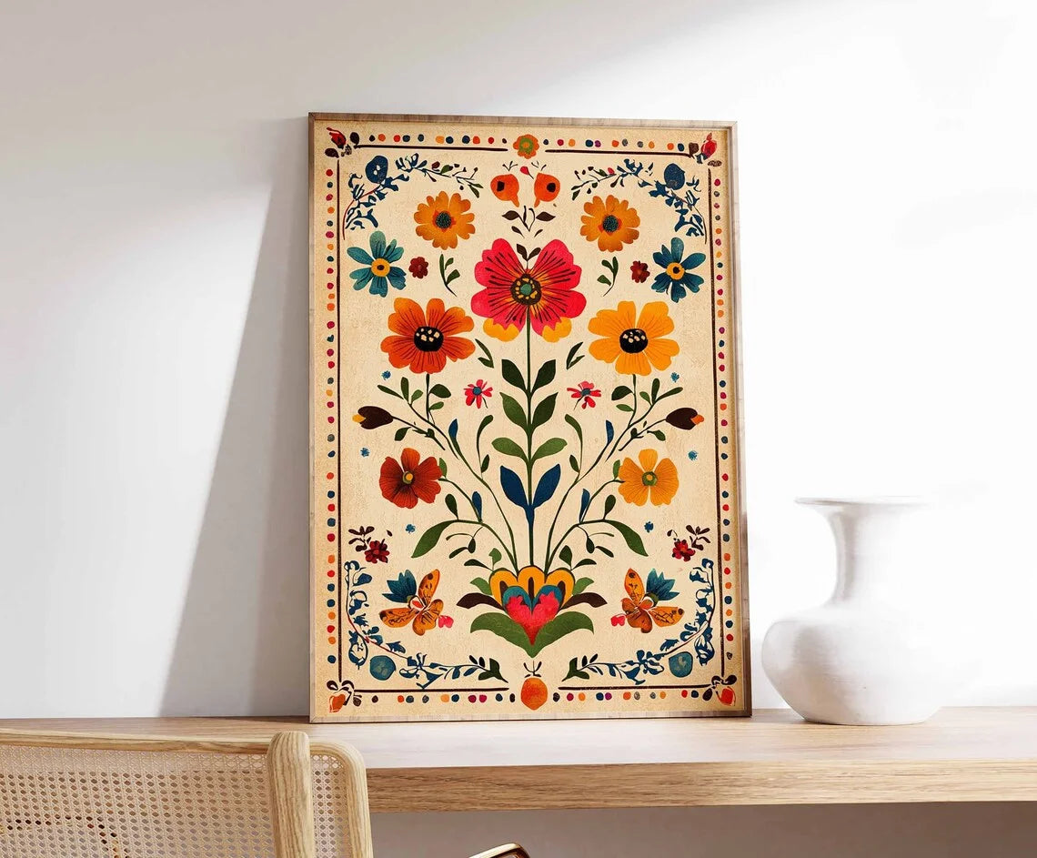 Pomegranate Tree Canvas Wall Art | Botanical Folk Art Print