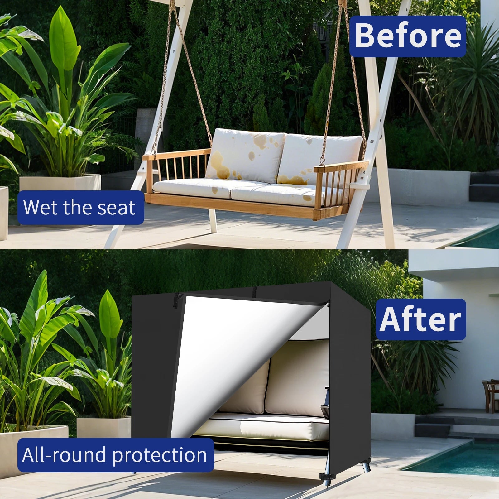Garden Swing Cover 3-Seater Waterproof Hammock Cover W/ Zipper Anti-UV 210D Oxford Outdoor Swing Chair Cover Patio Chair Covers Peaceful Pleasures Health and Wellness