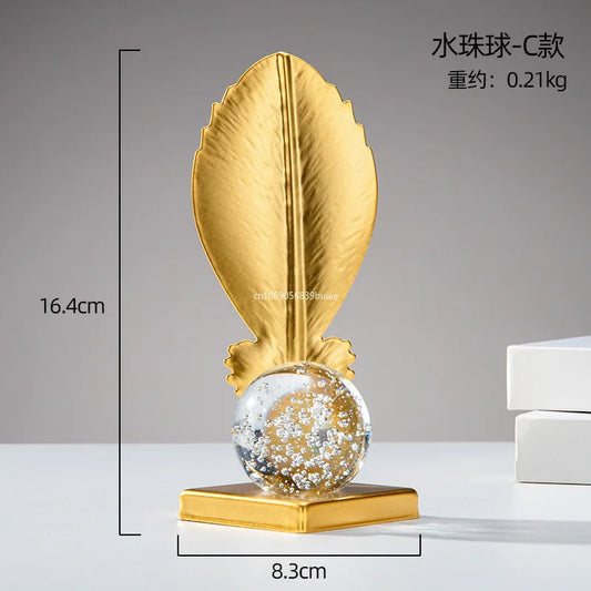Gold Ginkgo Leaf Iron Crafts Ornaments Light Luxury Crystal Ball Decoration Living Room Wine Cabinet TV Cabinet Art Decoration Peaceful Pleasures Health and Wellness