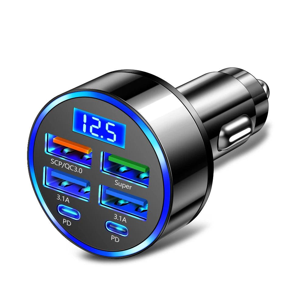 6-Port USB Car Charger QC3.0 PD Fast Charge Digital Display