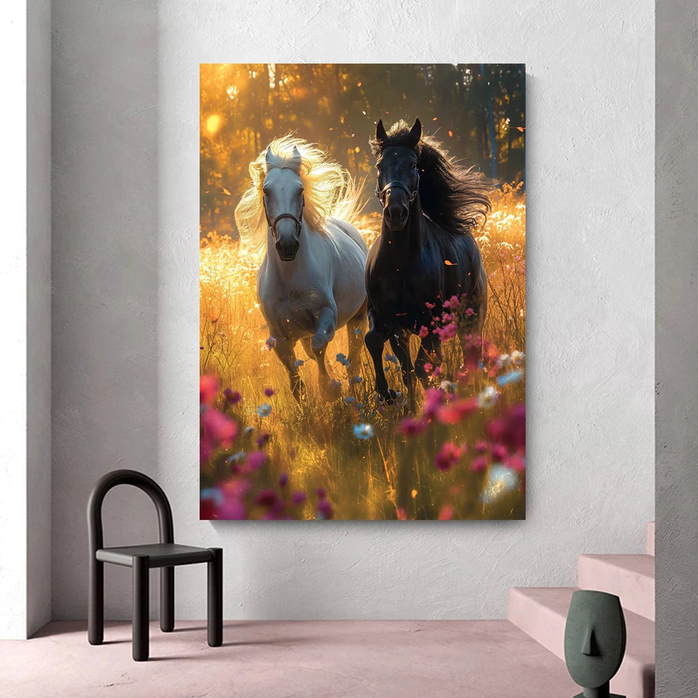Black horse ， White Horse Canvas Painting,Posters and Prints, Wall ,,Animal Picture for Modern Living Room Home Decoration Peaceful Pleasures Health and Wellness