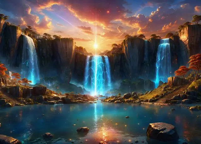 Golden Bonsai Waterfall Canvas Wall Art | Nature Forest Print