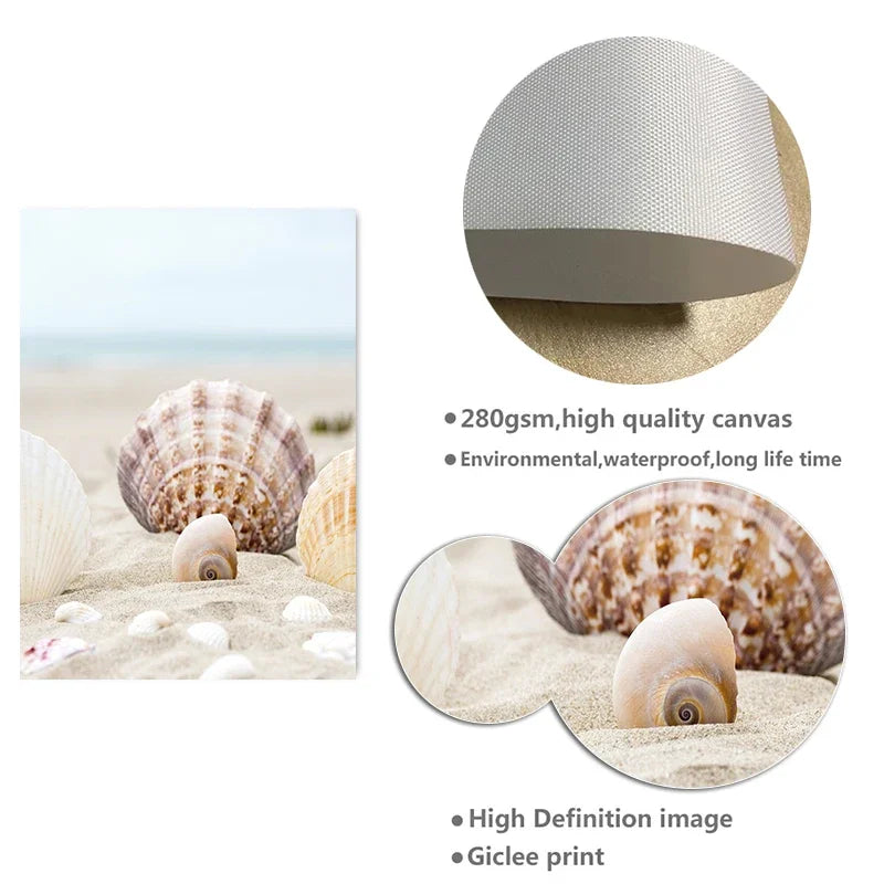 Scandinavian Simple Wall Art Summer Ocean Seashells Starfish Waves HD Canvas Poster Prints Home Bedroom Living Room Decoration Peaceful Pleasures Health and Wellness