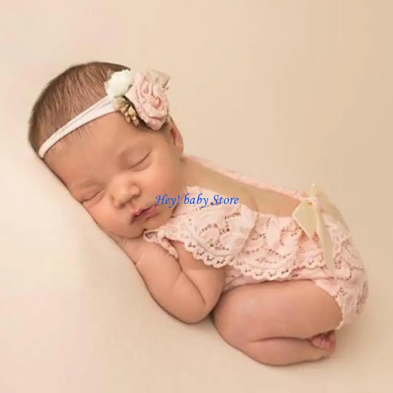Newborn Photography Props – Lace Romper & Headband Bow 0-1M