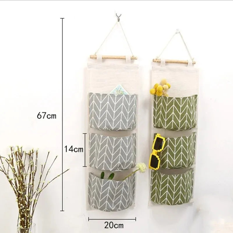 Cotton Linen Wall Hanging Storage Bag – 3-Pocket Organizer