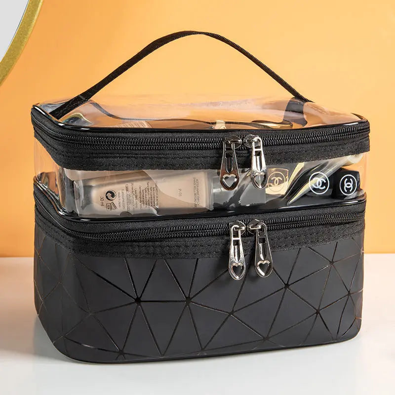 Double-layer Portable Large Capacity Makeup Bag Handheld Travel Waterproof Toiletry Bag Portable Cosmetics Storage Pouch Peaceful Pleasures Health and Wellness Black