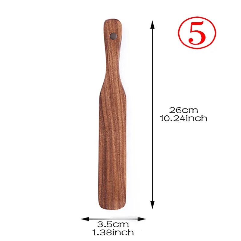 7pcs/set Teak Natural Wood Tableware Spoon Ladle Turner Rice Colander Soup Skimmer Cooking Spoon Scoop Kitchen Reusable Tool Kit Peaceful Pleasures Health and Wellness shovel 5