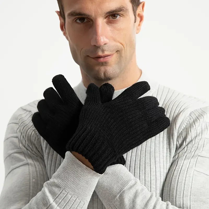 1pair Men Black Winter Double Layer Plus Velvet Thickened Knitted Gloves, Outdoor Touch Screen Warm Full Finger Gloves Peaceful Pleasures Health and Wellness