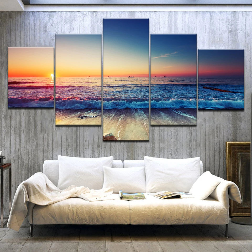 5pcs Cleopatra Ocean Canvas Painting Wall Art Orange Sky Ocean Beach Multi Turkey Sand Beach Sunrise Wall Decor No Frame Peaceful Pleasures Health and Wellness 5pcs 1 20x35-20x45-20x55cm