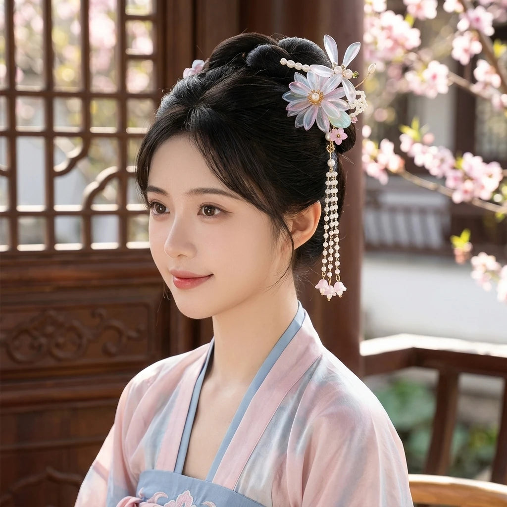 New Chinese Style Flower Tassel Hairpin for Women Alloy Metal Traditional Hanfu Hair Accessory with Secure Base Suitable for Peaceful Pleasures Health and Wellness
