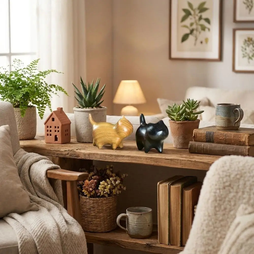 Handmade Wooden Cat Figurine with Bell | Natural Wood Decor