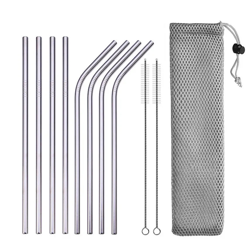 Reusable Drinking Straw 304 Stainless Steel Straws Straight Bent Metal Straw with Cleaner Brush Pouch Wholesale Peaceful Pleasures Health and Wellness E Silver with bag
