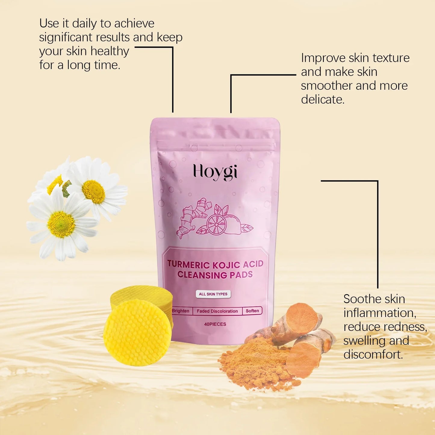 Turmeric Kojic Acid Cleansing Pads Daily Pores Cleaning Makeup Dead Skin Removal Oil Control Nourish Exfoliating Facial Sponge Peaceful Pleasures Health and Wellness