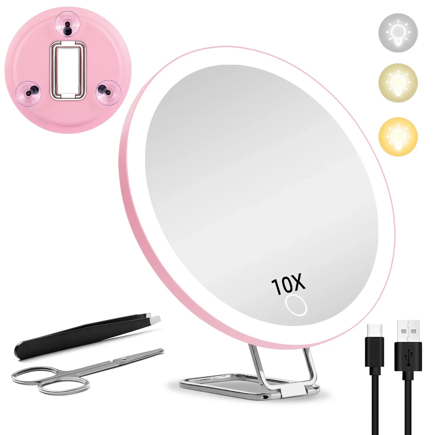 6 Inch Magnifying Mirror with Light 5-30X Portable Travel Magnified Mirror with 360° Adjustable Stand and Suction Cup Peaceful Pleasures Health and Wellness pink-10X