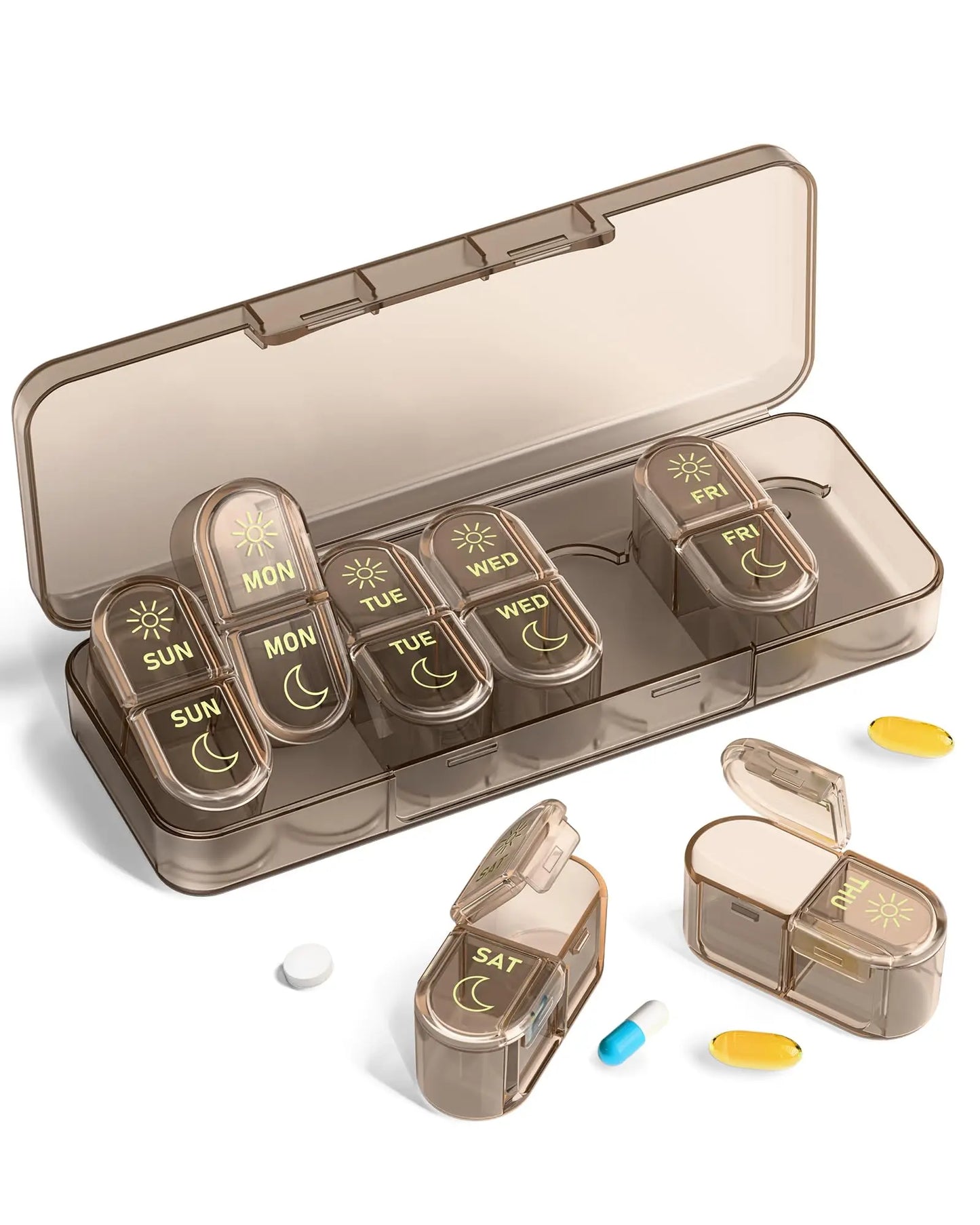 Pill Organizer, Pill Box 7 Day Am & Pm Pill Organizer 7 Days,Weekly Pill Case 2 Times a Day,Medicine Organizer for Travel Peaceful Pleasures Health and Wellness Brown